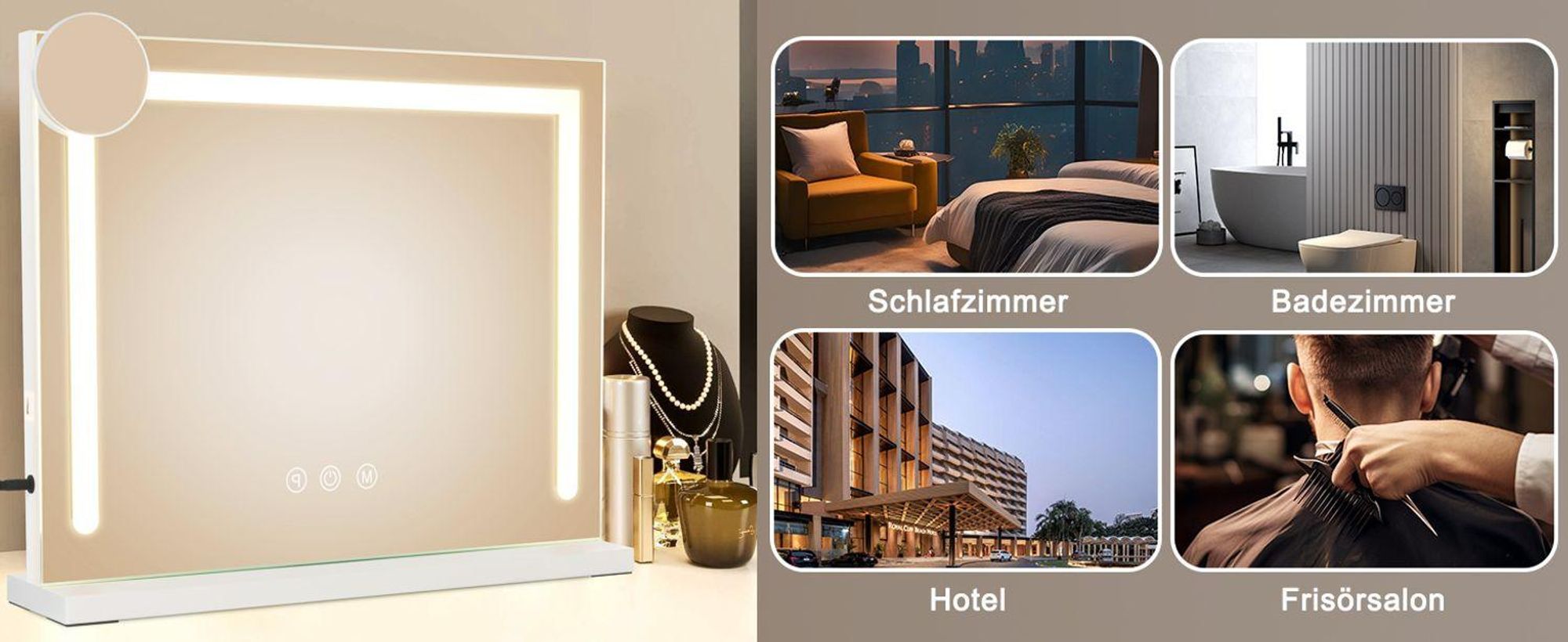 Specchio da trucco ZMH con luci LED regolabili, dimensioni 50x42 cm, 3 modalità di illuminazione a colori, ingrandimento 5x, porta USB, ideale per camera da letto e cabina armadio
