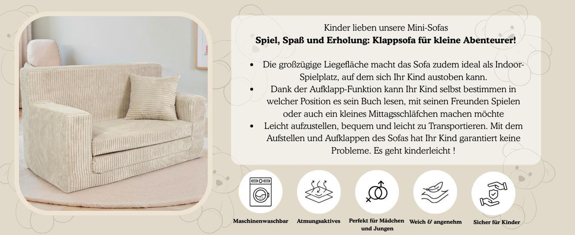 Kindersofa aus Schaumstoff Rosalia Stilvoller Komfort für das Kinderzimmer Ausklappbar Kindermöbel Polstersofa Türkis