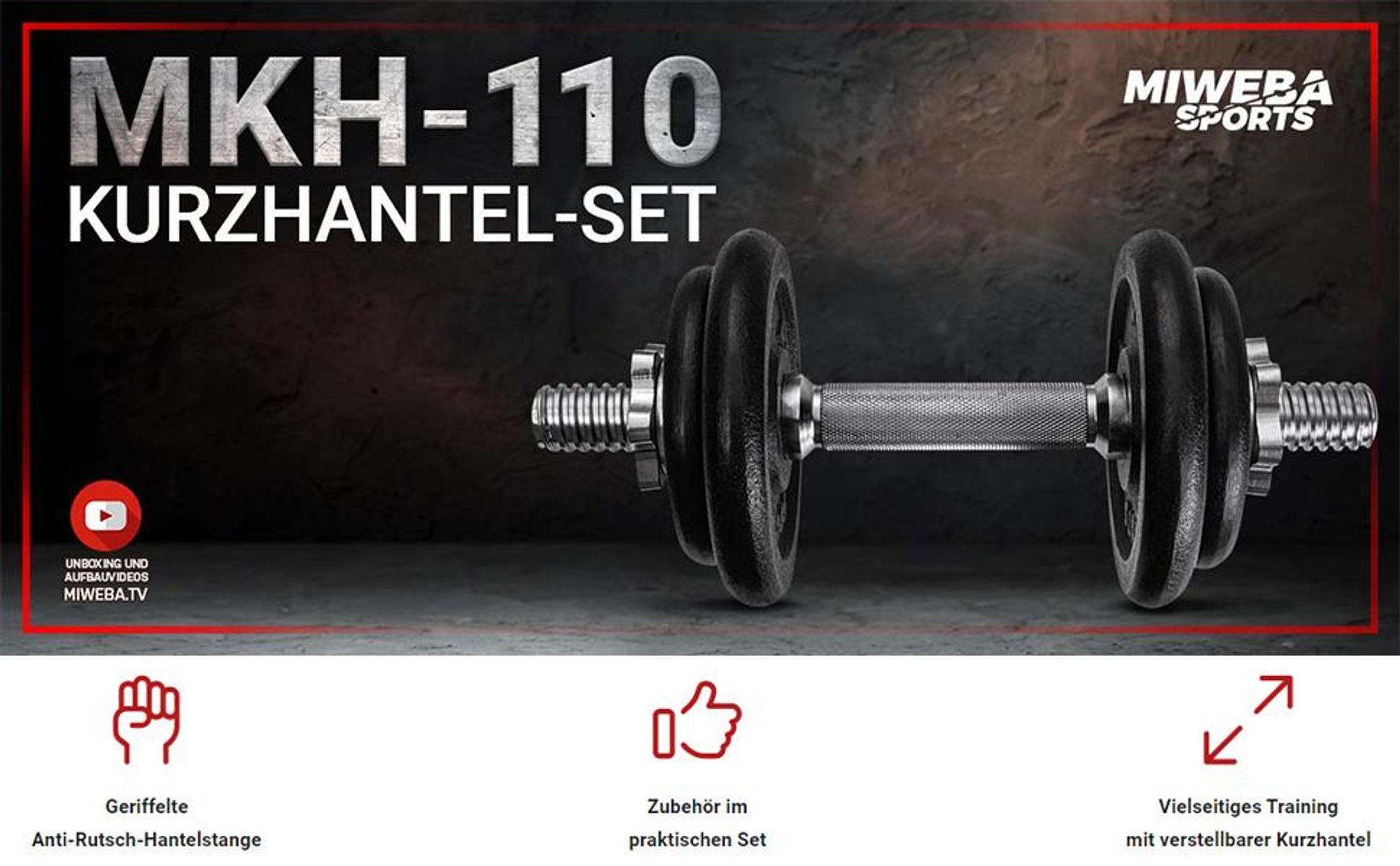 Miweba Sports Kurzhantel MKH110 | inkl. 7,5 kg Gusseisen Gewichte - Stahl Hantelstange - 2x Sternverschluss - 2x 1,25 kg - 2x 2,5 kg - Einzelhantel