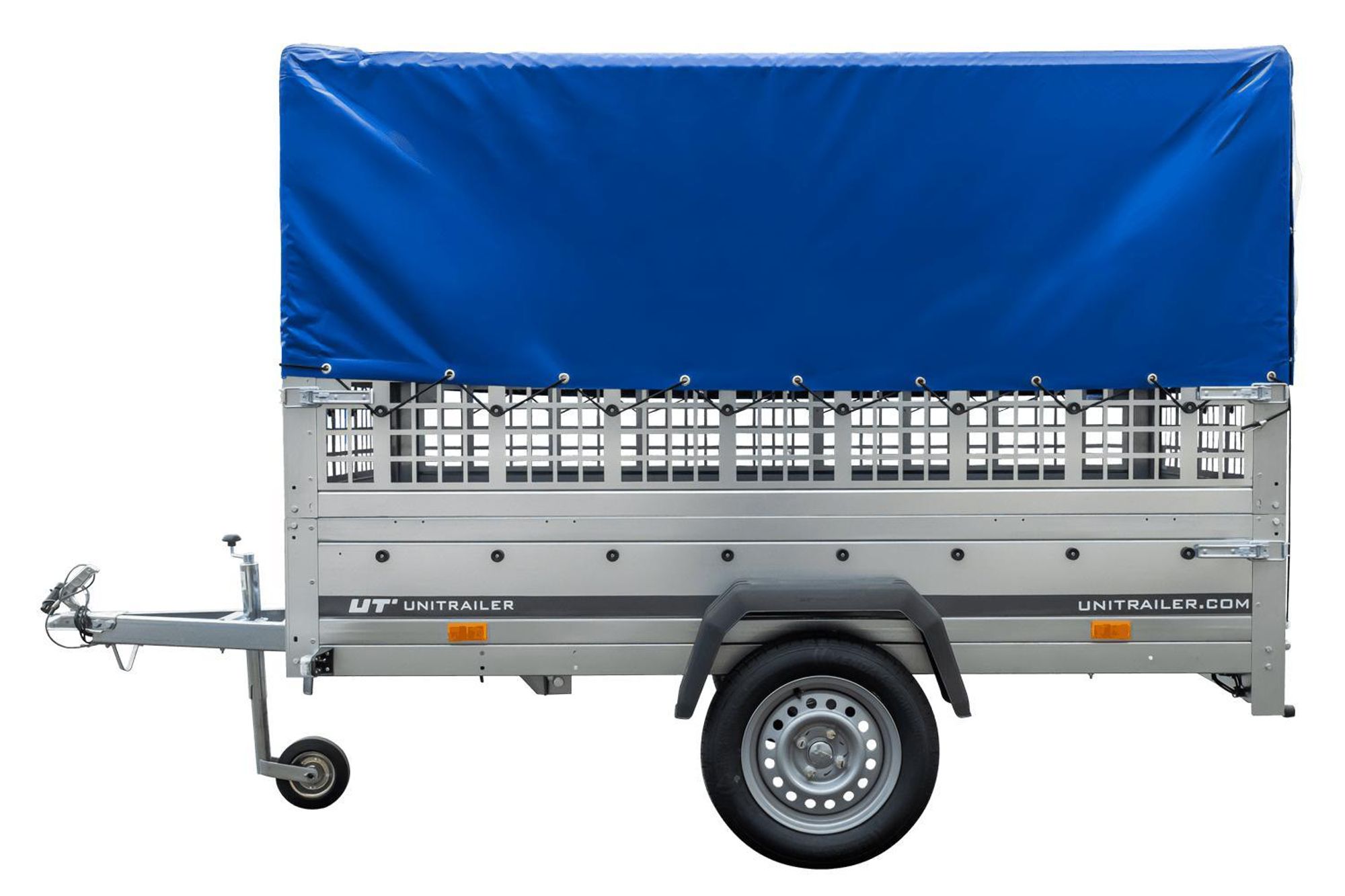 Planenanhänger 230x125 Garden Trailer 230 KIPP mit Laubgitteraufsatz, blauer Hochplane, Hochspriegel und Stützrad