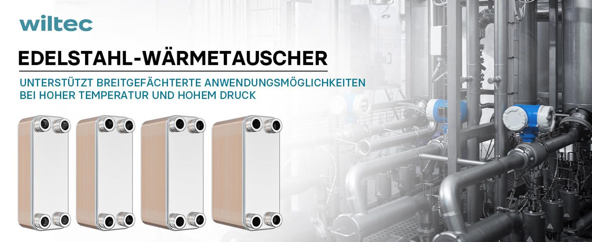 Wiltec Wärmetauscher 30 Platten, max. 330 kW, 22 m³/h 3,33 l je Durchgang, Plattenwärmetauscher aus Edelstahl als Wärmeüberträger