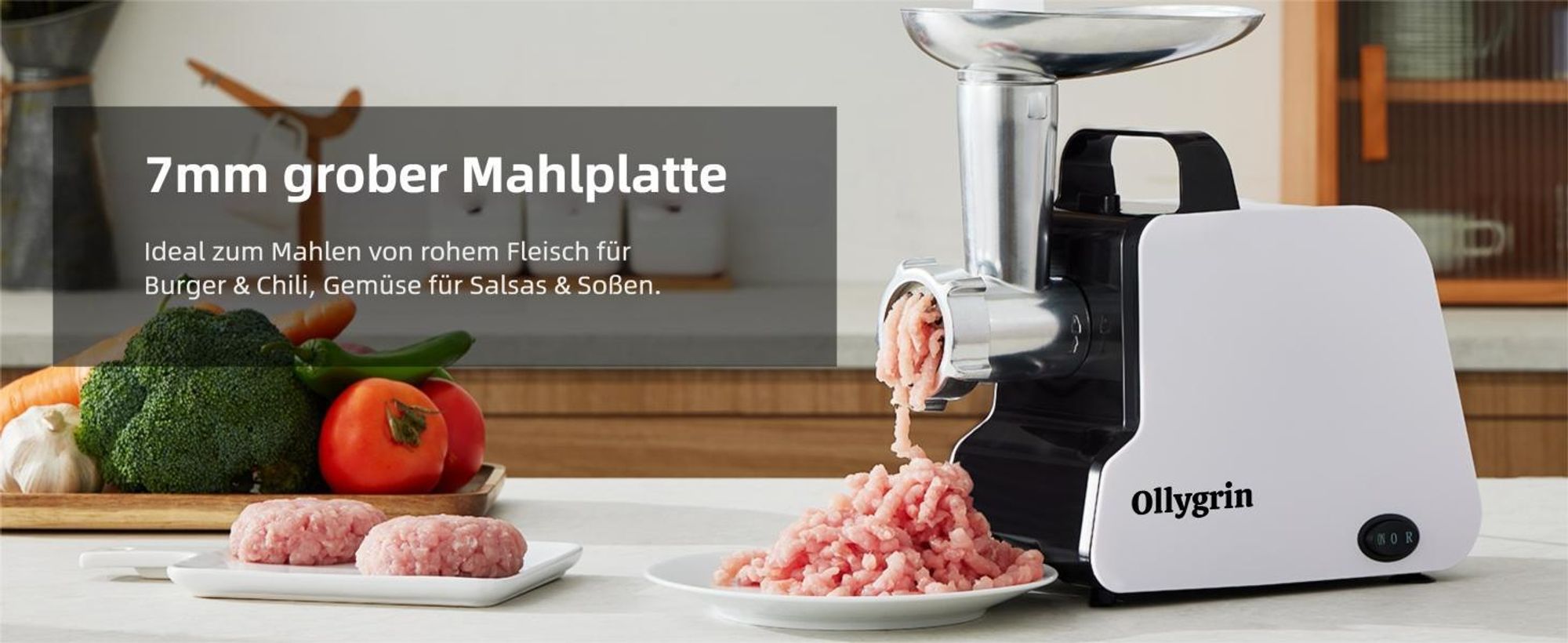 Ollygrin Profi Elektrischer Fleischwolf 2300W Max, Fleischwolf Edelstahl mit 3 Lochscheiben & 2 Klingen, Wurstfüller & Kebbe Maker für die Küche