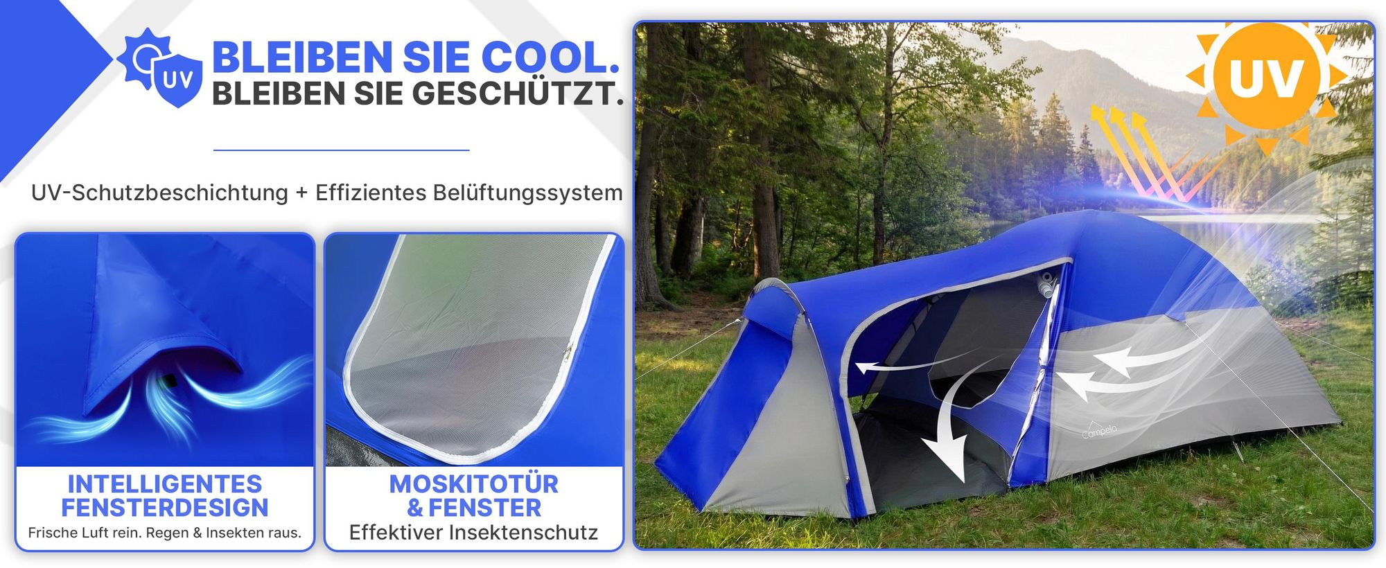 3-Personen Campingzelt Iglu – wasserdicht 3000 mm – mit Vorraum und Moskitonetz – Grau/Blau