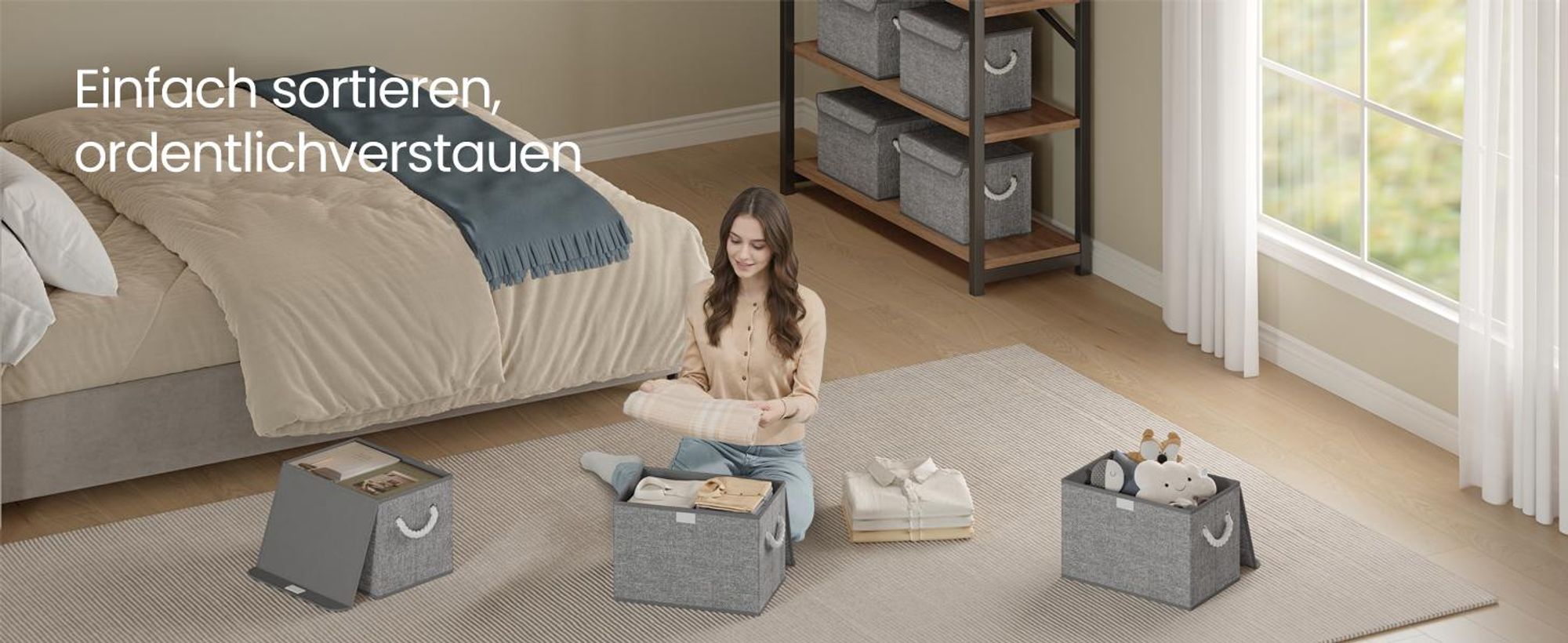 SONGMICS Aufbewahrungsbox mit Deckel, 3er Set, klappbar, Stoffboxen, Aufbewahrung, Organizer, für Kleiderschrank, Griffe, für Schlafzimmer