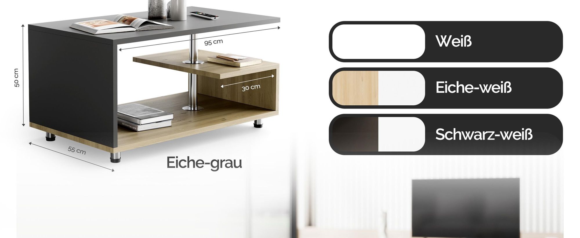 CASARIA Couchtisch mit Stauraum Holz-Grau