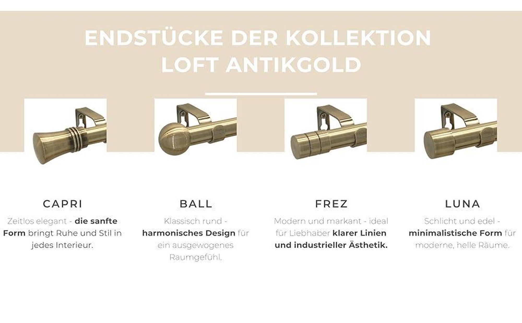 LOFT 140 cm Einzelne Gardinenstange 19 mm aus Metall mit Endstück CAPRI Komplettset mit Ringen und Clips Inklusive Montagezubehörset Farbe Antikgold