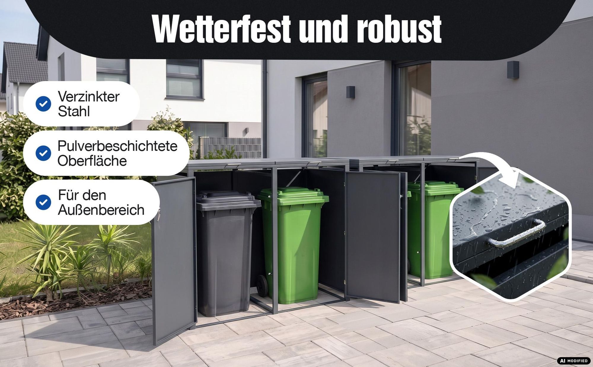 5x Mülltonnenbox 240L Anthrazit – Mülltonnenverkleidung / Mülltonnenhaus aus verzinktem Stahl mit Soft-Close Deckel, Schloss & Belüftung