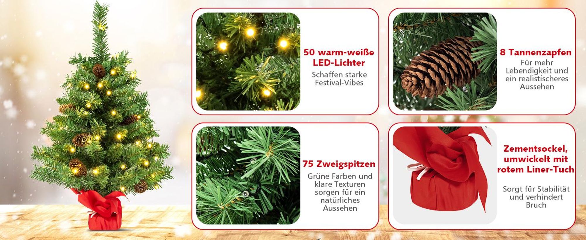 COSTWAY 64 cm Künstlicher Weihnachtsbaum mit Beleuchtung, Kleiner Tannenbaum mit 8 Lichtmodi, 8 Tannenzapfen & Zementbasis, Weihnachtsdeko, Tisch-Christbaum für Zuhause, Büro