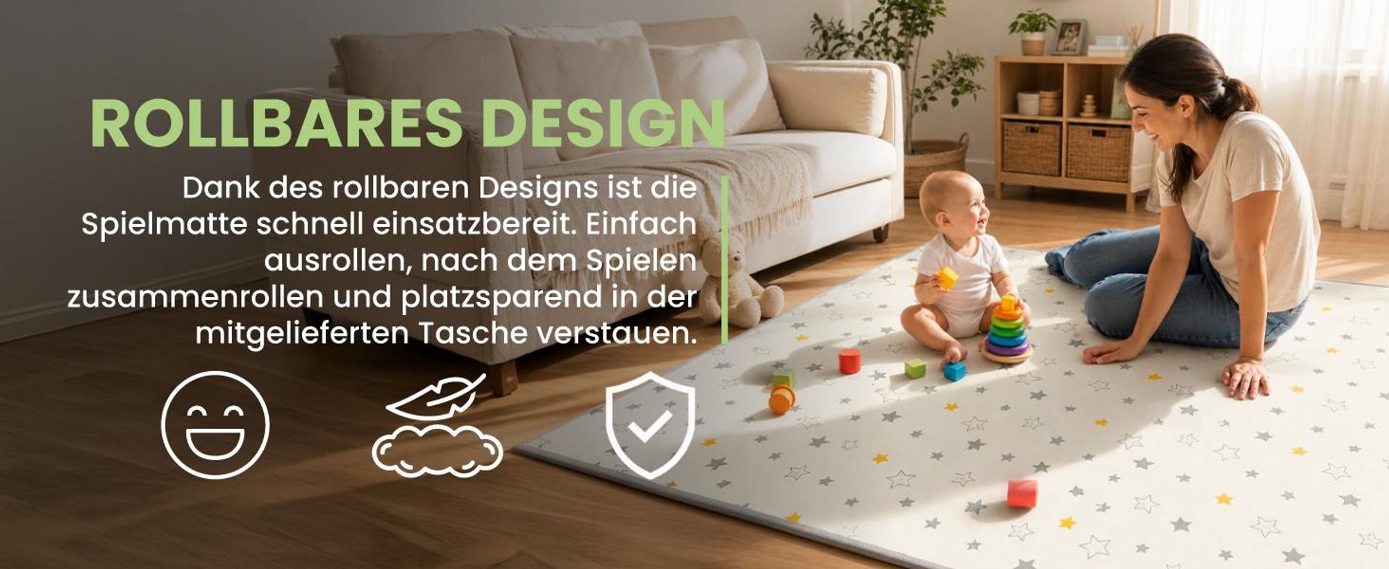 doppelseitig Krabbelmatte Baby Spielmatte Rollmatte 180×200cm wasserabweisend rutschfest