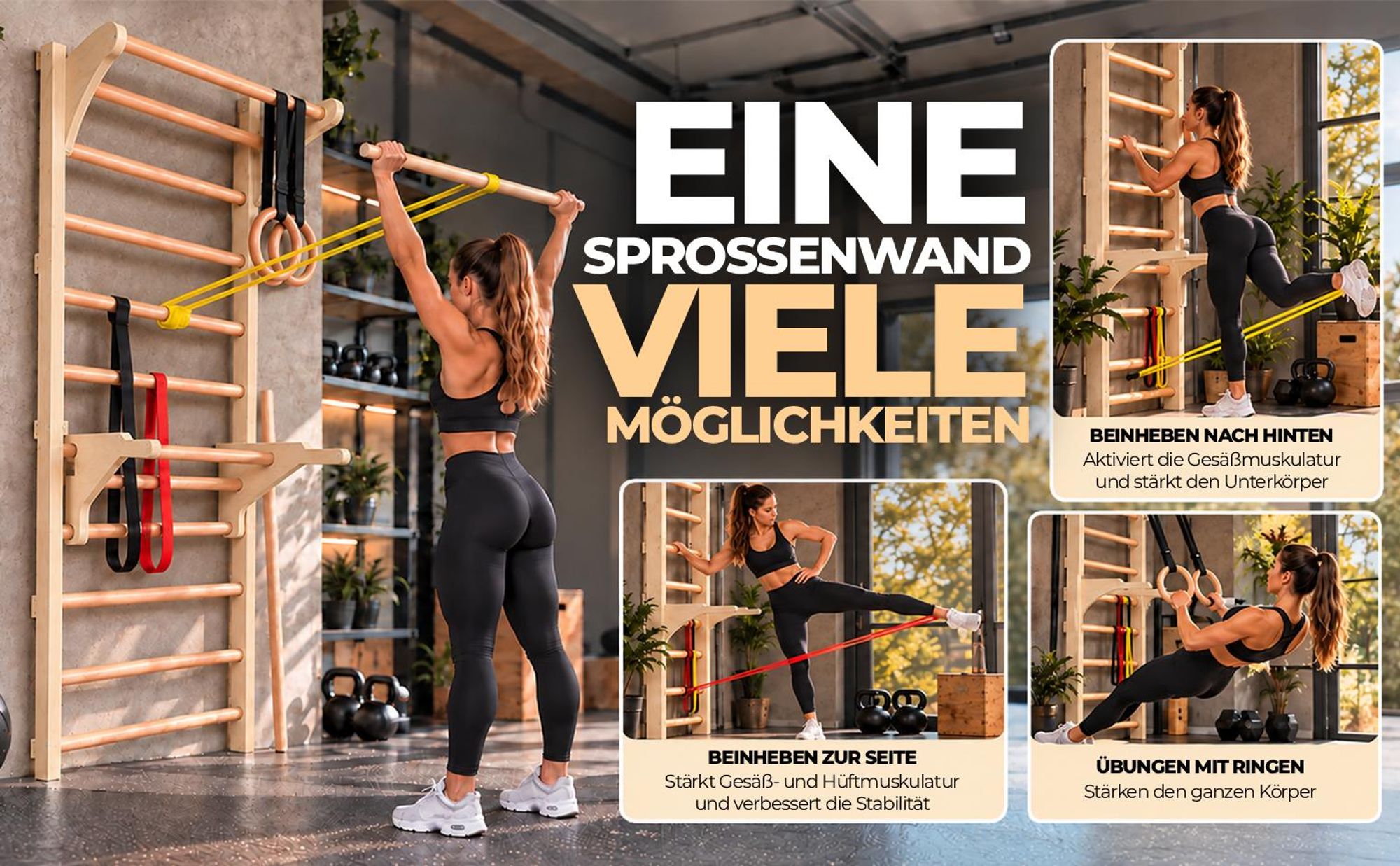 MAMOI® Fitness-Sprossenwand mit Klimmgriff, Ringo, Dip-Barren, Widerstandsbändern und Dehnstab; Ganzkörpertraining zu Hause