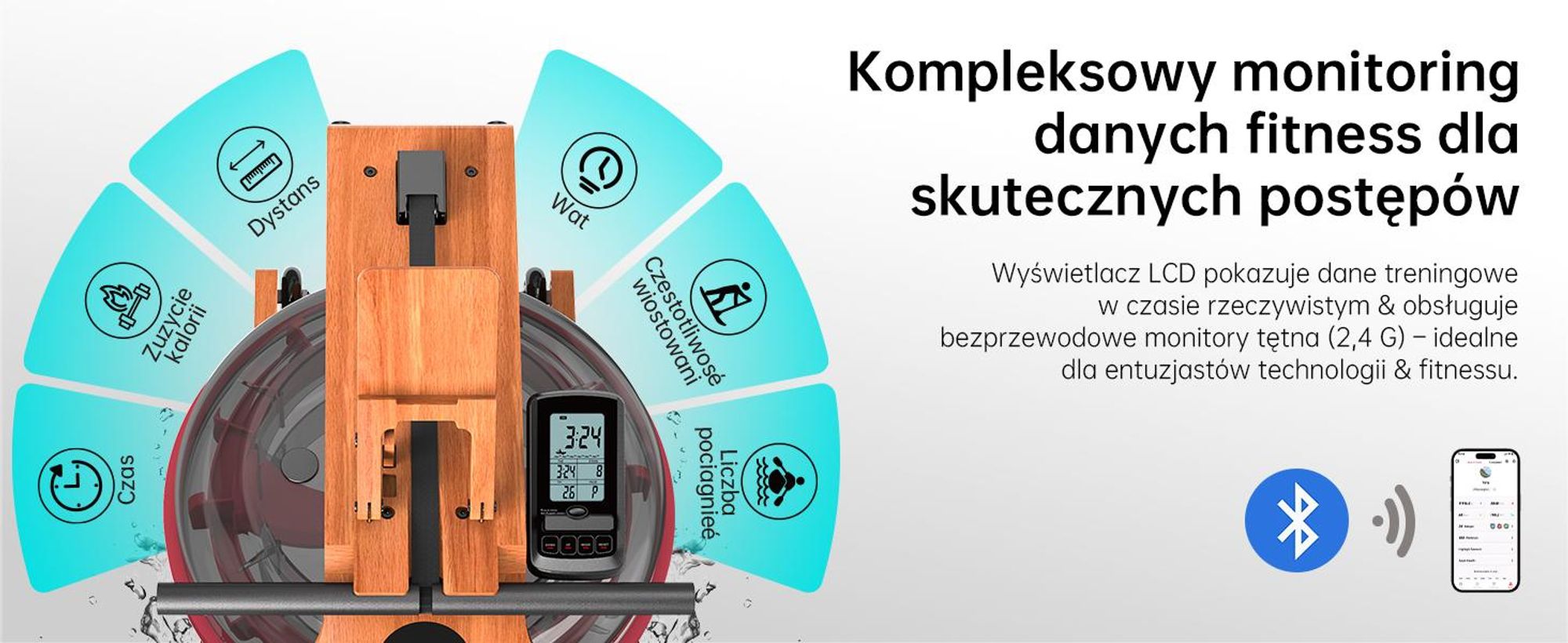 JASPORT R3 składany wioślarz z certyfikowanego drewna dębowego z oporem wodnym, Bluetooth, LCD, Kinomap, 28 l, do 150 kg – Cherry