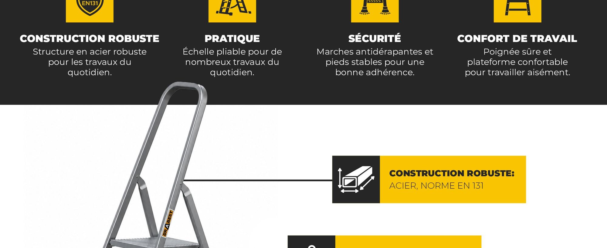 DRABEST | conducteur en acier, échelle, échelle ménagère, échelle à 4 niveaux, marchepied pliant, acier, universel, jusqu'à 125 kg