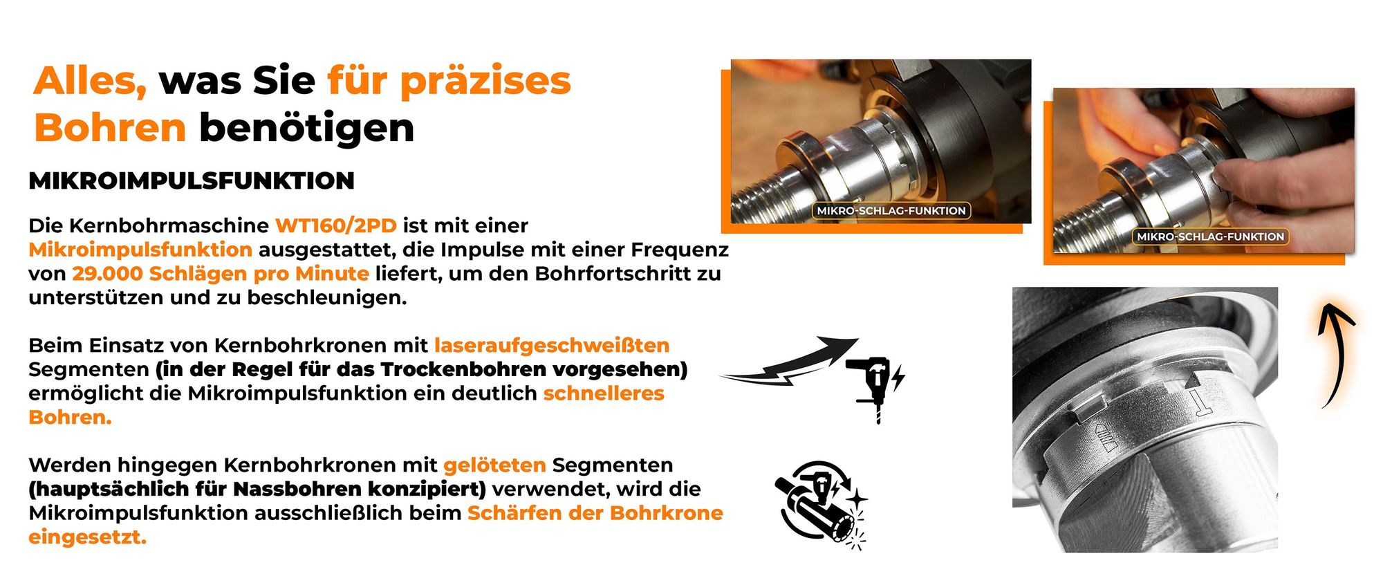 Kernbohrgerät Handgeführt mit Mikroschlag 1900 W Diamant-Kernbohrmaschine 2340 U/min Freihand Kernbohrgerät mit 2 Gänge 22-202 mm