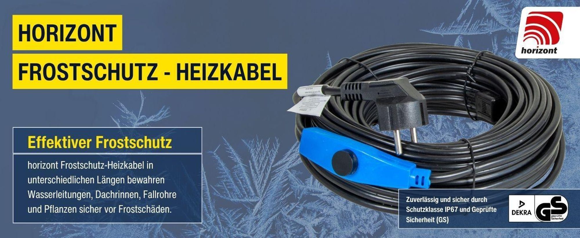horizont Frostschutz-Heizkabel 230 V – 2 m - Heizband mit Thermostat für Wasserleitungen, frostfrei bis -45 °C