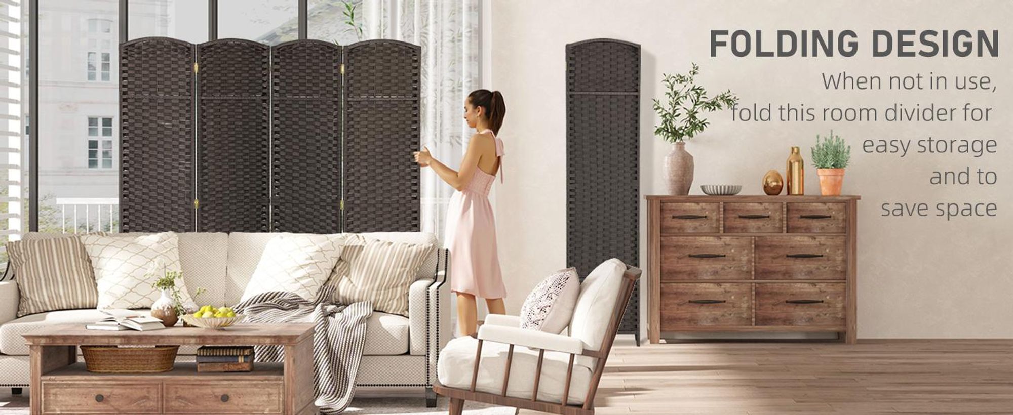 HOMCOM Parawan 4-częściowy 160 x 170 cm, przegroda do pomieszczeń z drewna sosnowego, brązowy