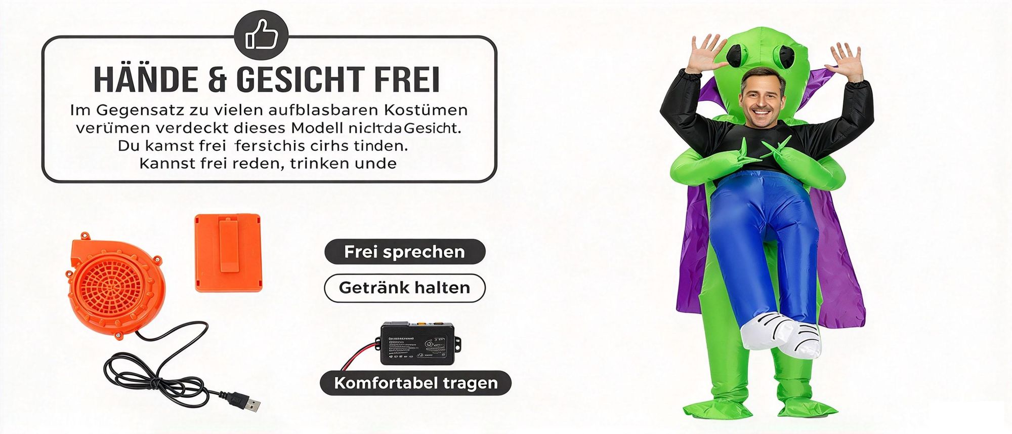 Juksun Alien Kostüm 150-190cm für Erwachsene Polyester grün aufblasbar mit Umhang für Halloween Karneval Party