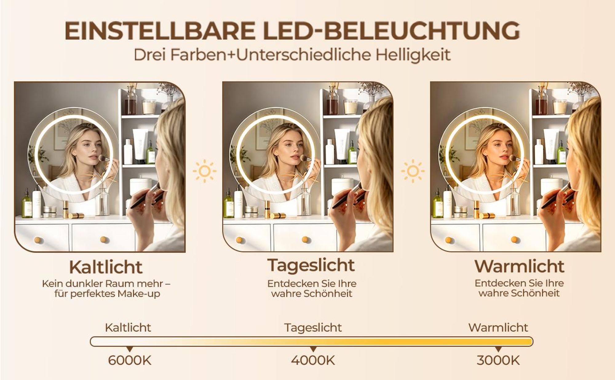Schminktisch Spiegel mit 3 Schubladen Weiß, Schminktisch Kosmetiktisch Frisiertisch mit gepolstertem Hocker