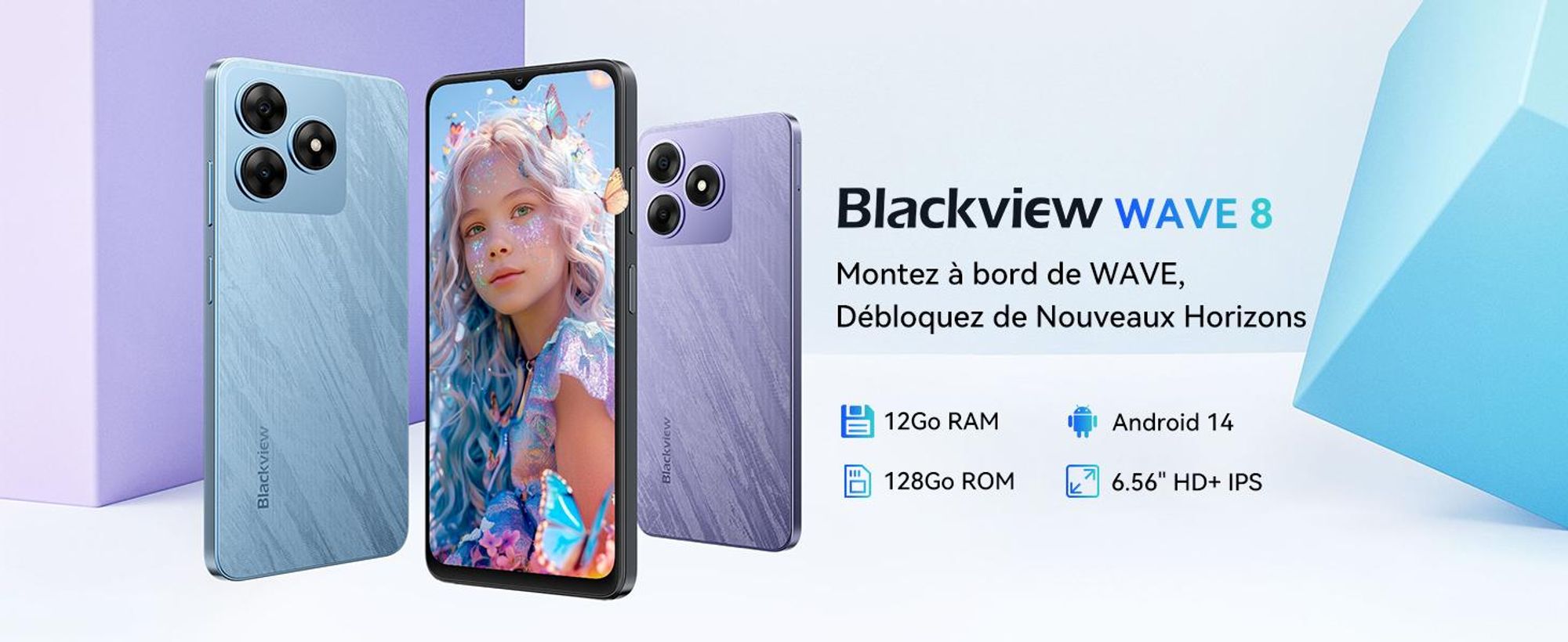 Téléphone portable Blackview Wave 8 AI sans abonnement, écran IPS HD+ de 6,56 pouces, 12 Go de RAM + 128 Go de stockage, processeur octa-core, batterie de 5 000 mAh, appareils photo 13 MP + 8 MP, double SIM, Face ID, 1080p FHD