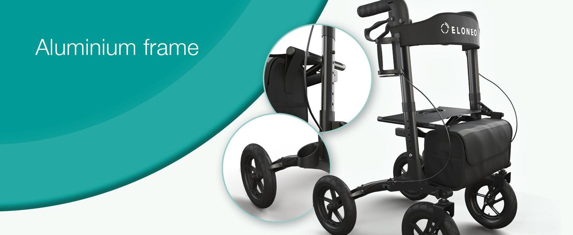 ELONEO inklapbare rollator met zitplaats, outdoor rollator met luchtbanden, inclusief zitvlak, rugsteun en verstelbare loopsteun van aluminium