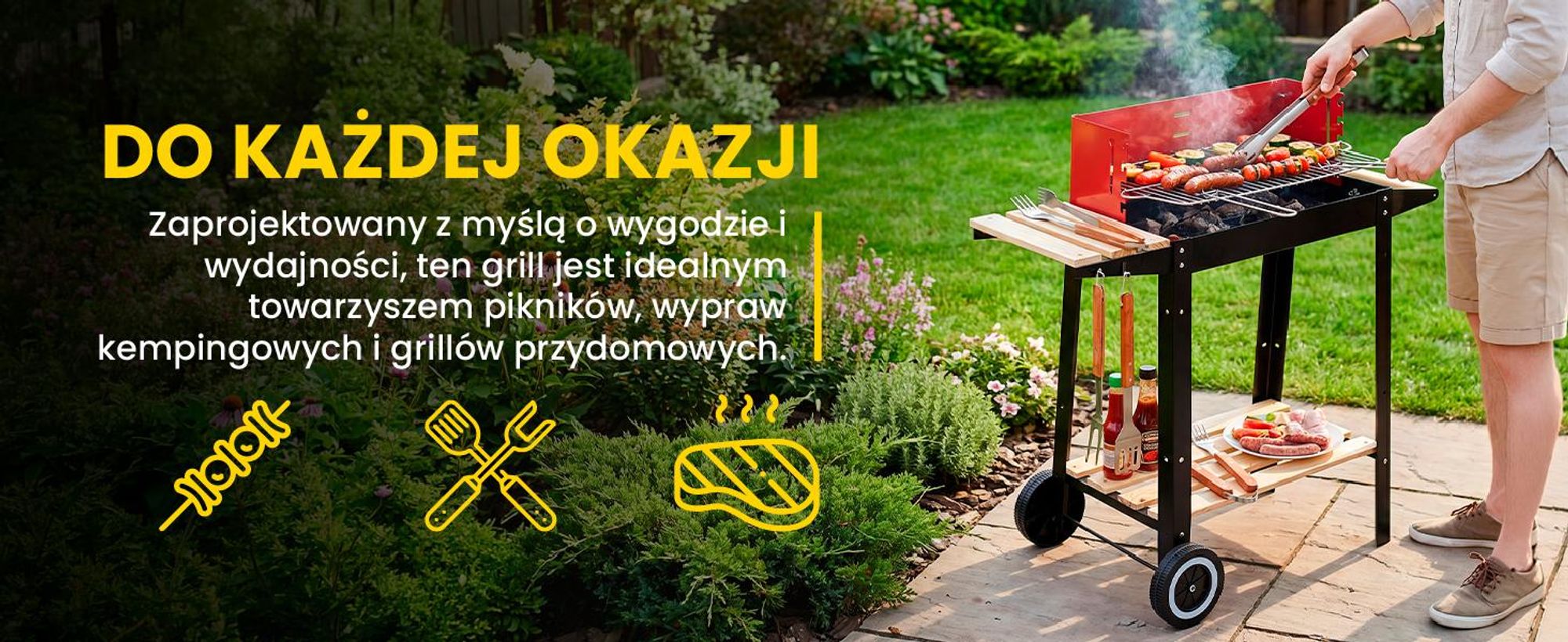 Grill węglowy ogrodowy z półkami i kółkami w kolorze czarno-czerwonym