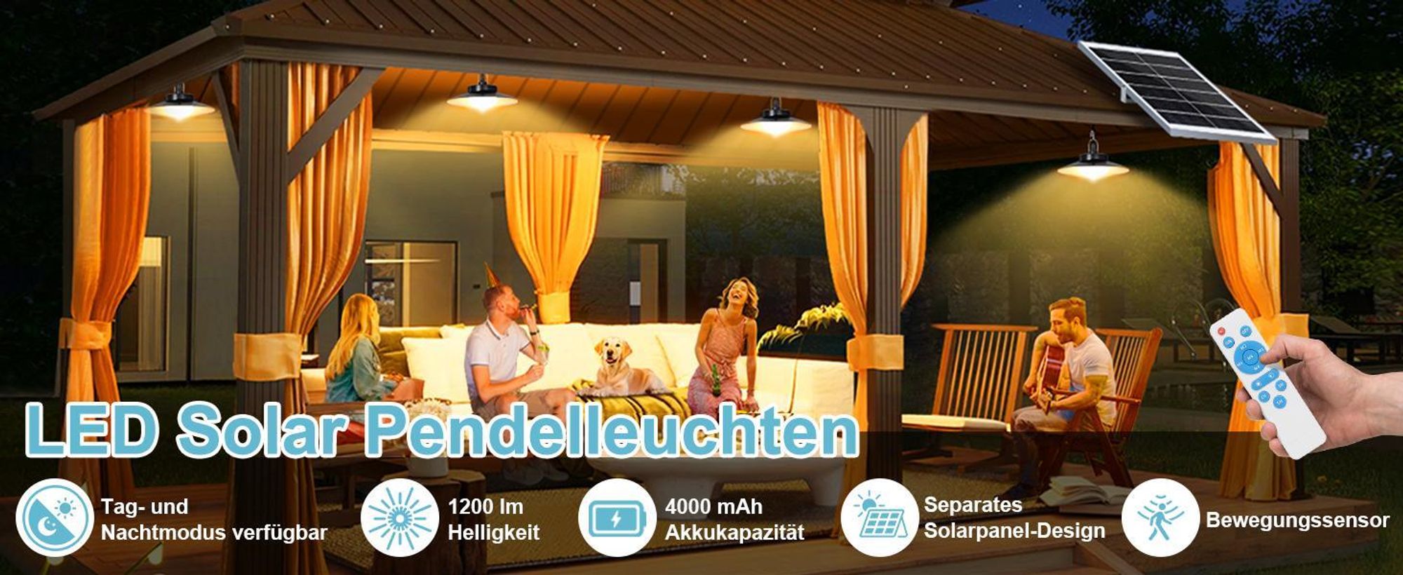 Außen Solarlampe 5 Beleuchtungsmodi mit Bewegungssensor und Fernbedienung Wasserdicht Solar Pendelleuchte Solarleuchte, Warmweiß, 3 Lampe
