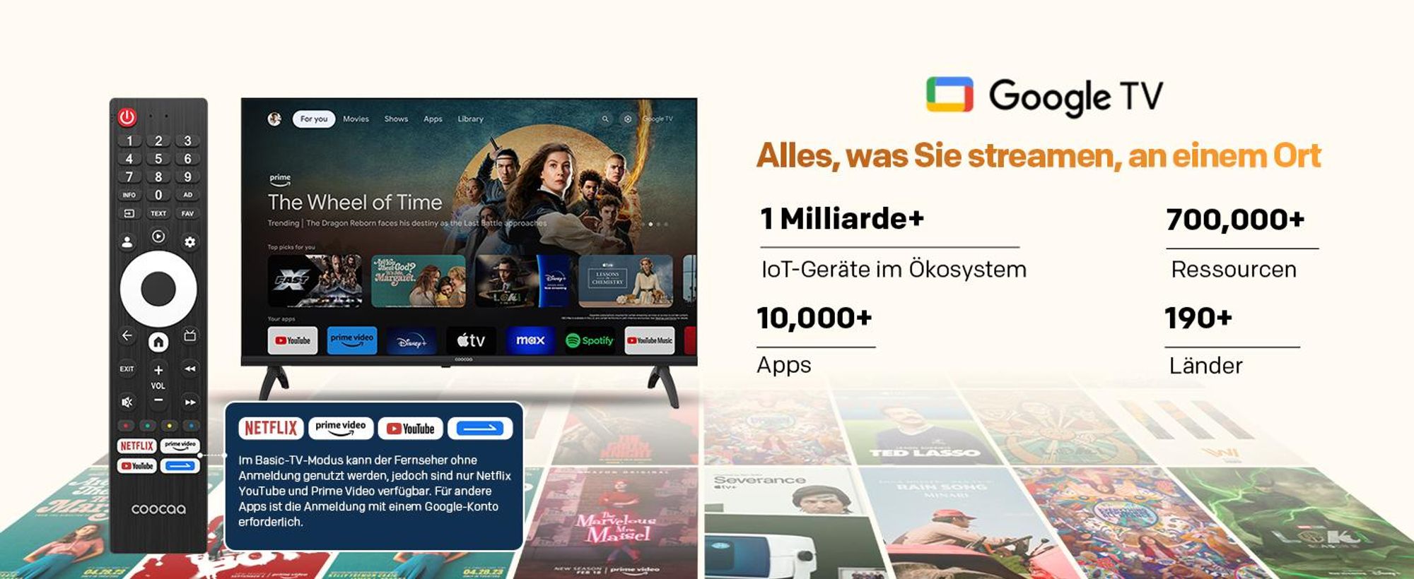 coocaa 40 Zoll (100cm) QLED FHD Smart TV – Google TV, HDR10, Dolby Audio, Bluetooth 5.1, EyeCare & Google Cast, Ideal für WM 2026 & Schlafzimmer