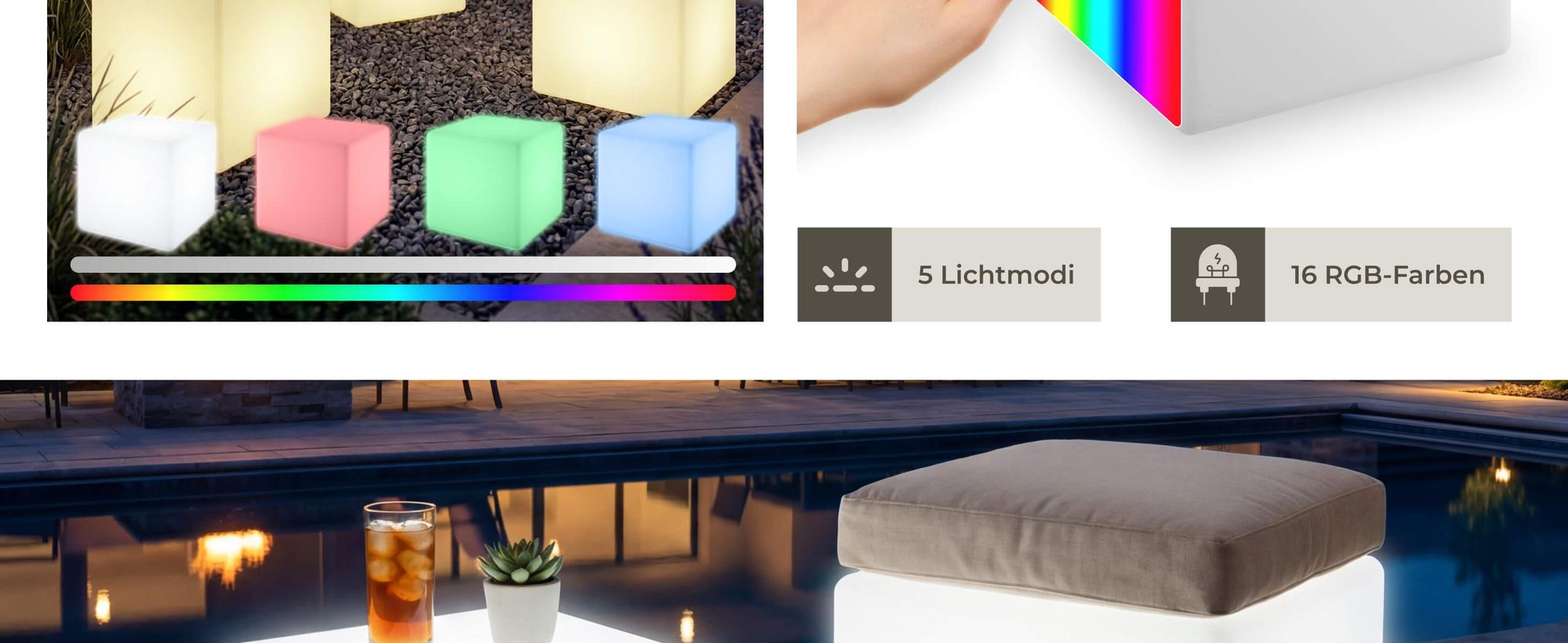 tectake® Leuchtwürfel Luminous Cube mit LED-Beleuchtung, 12 W Belastbarkeit 100 kg, inkl. Erdspieß