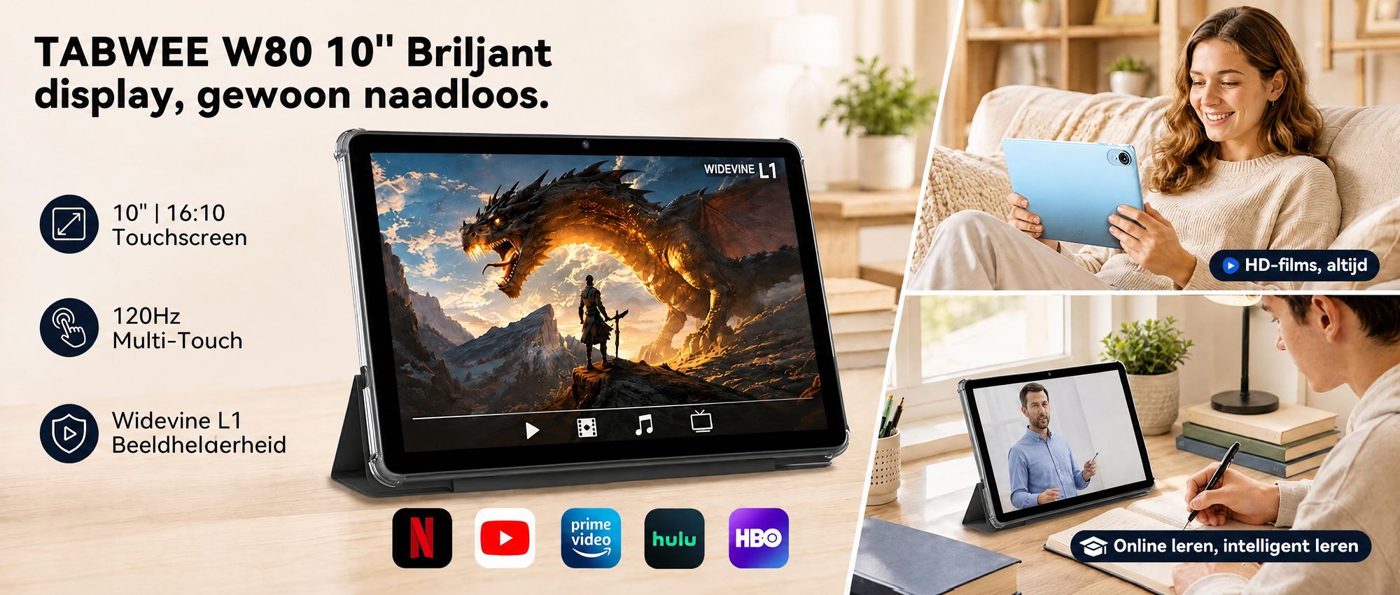 2026 W80 10.1" tablet met 120Hz, 32+128GB/2TB opslag, Android 16, Gemini AI 4.0, Widevine L1, 4G SIM + 5G WiFi, 6000mAh batterij, OTG-ondersteuning, met toetsenbord, muis, stylus en beschermhoes