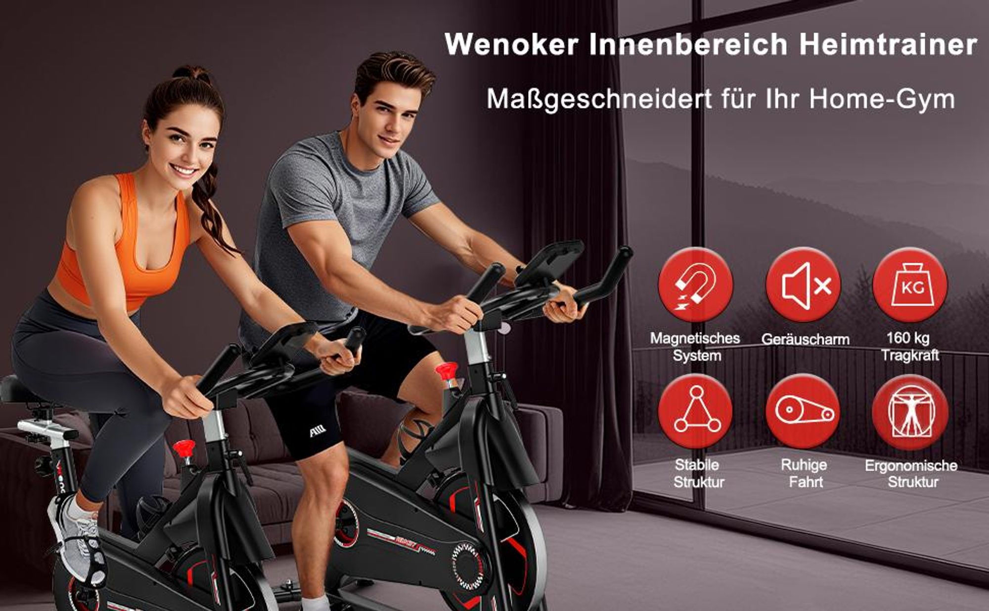 Wenoker Heimtrainer Fahrrad mit verstellbarem Magnetwiderstand – leises Fitnessbike mit APP, Ergometer Hometrainer bis 160 kg