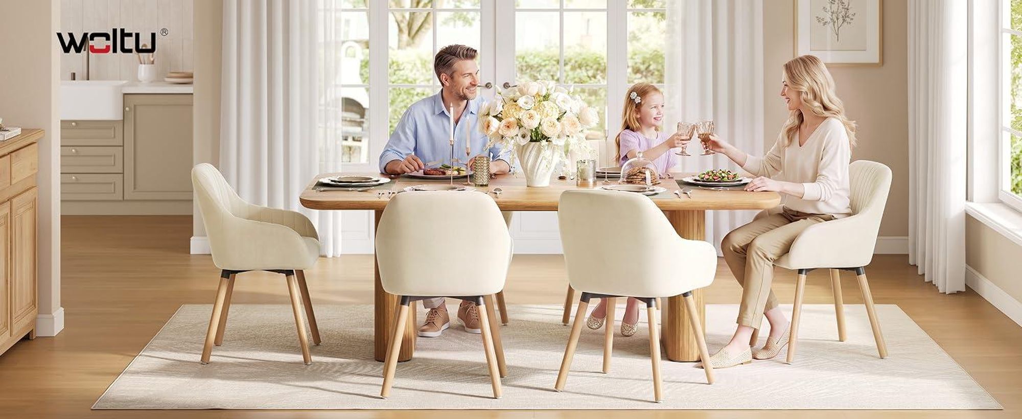 WOLTU 2er-Set Esszimmerstühle Küchenstuhl Wohnzimmerstuhl Polsterstuhl Design Stuhl mit Armlehnen Samt Massivholz Cremeweiß