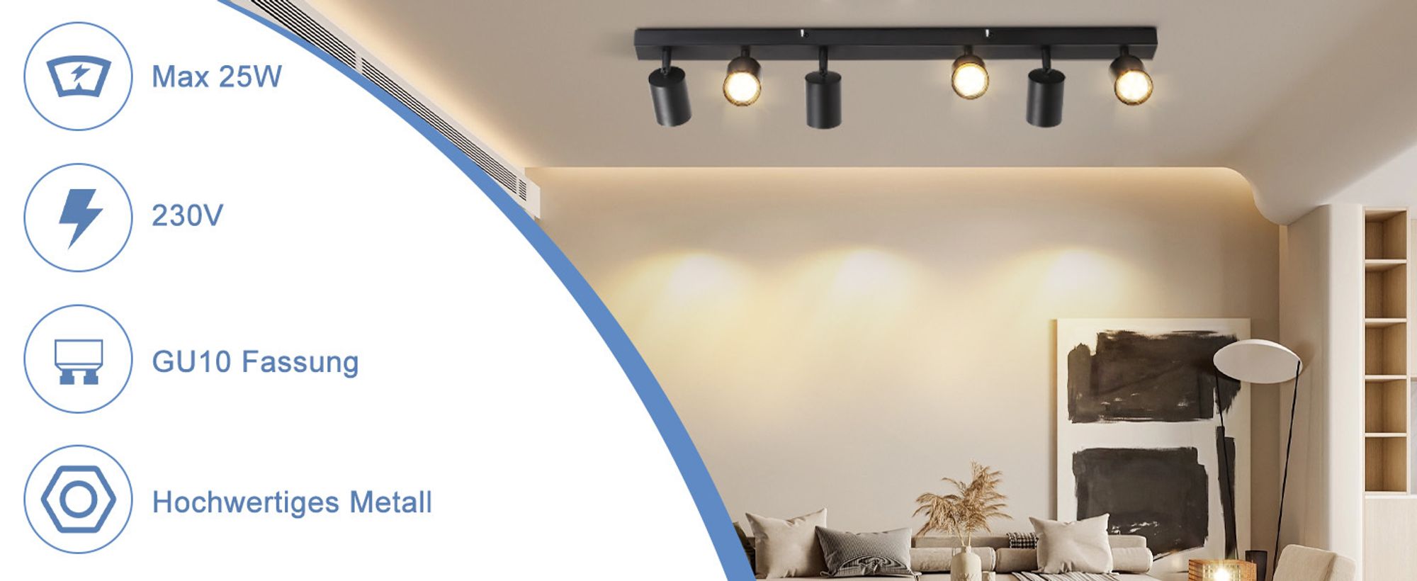ZMH LED Deckenstrahler 6 Flammig Deckenlampe GU10 Metall Deckenspots Schwenkbar 350° Deckenleuchte Schwarz für Wohnzimmer Schlafzimmer Flur