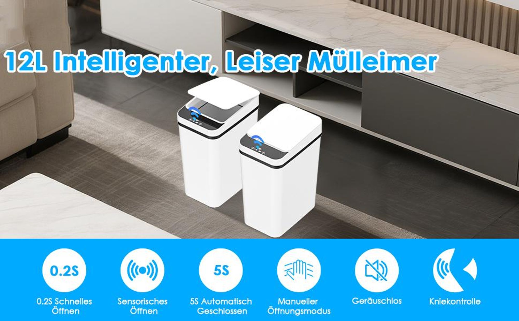 Automatik Mülleimer, 12L Sensor Mülleimer, mit Smart Sensor für Bad Büro Küche, No Noise Wasserdicht Intelligenter Mülleimer mit Deckel