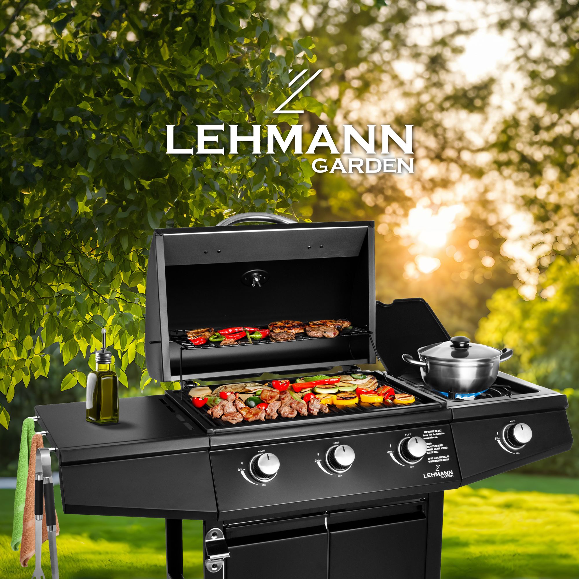 Mocny grill gazowy stalowy, ruszt żeliwny LEHMANN OHIO BLACK 9,3 kW + Reduktor i wąż