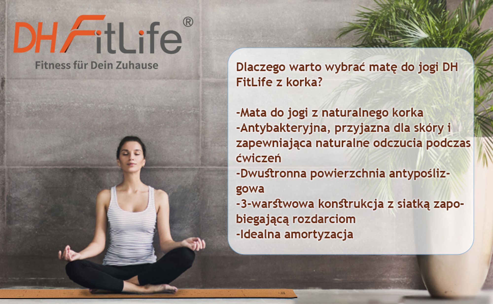 DH FitLife mata do jogi z korka i TPE (duży lotos), mata gimnastyczna 183 x 61 x 0,6 cm, mata sportowa do jogi, mata fitness antypoślizgowa, mata do jogi grubsza z liniami orientacyjnymi