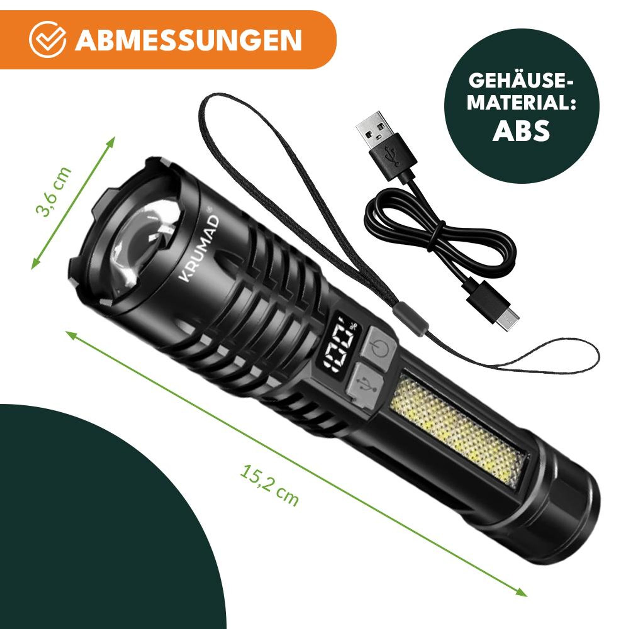 KRUMAD LED Taschenlampe Aufladbar – starke Handlampe mit COB-Seitenlicht, 5 Modi & Akkuanzeige – USB-C Taschenlampe wasserdicht für Camping & Notfälle
