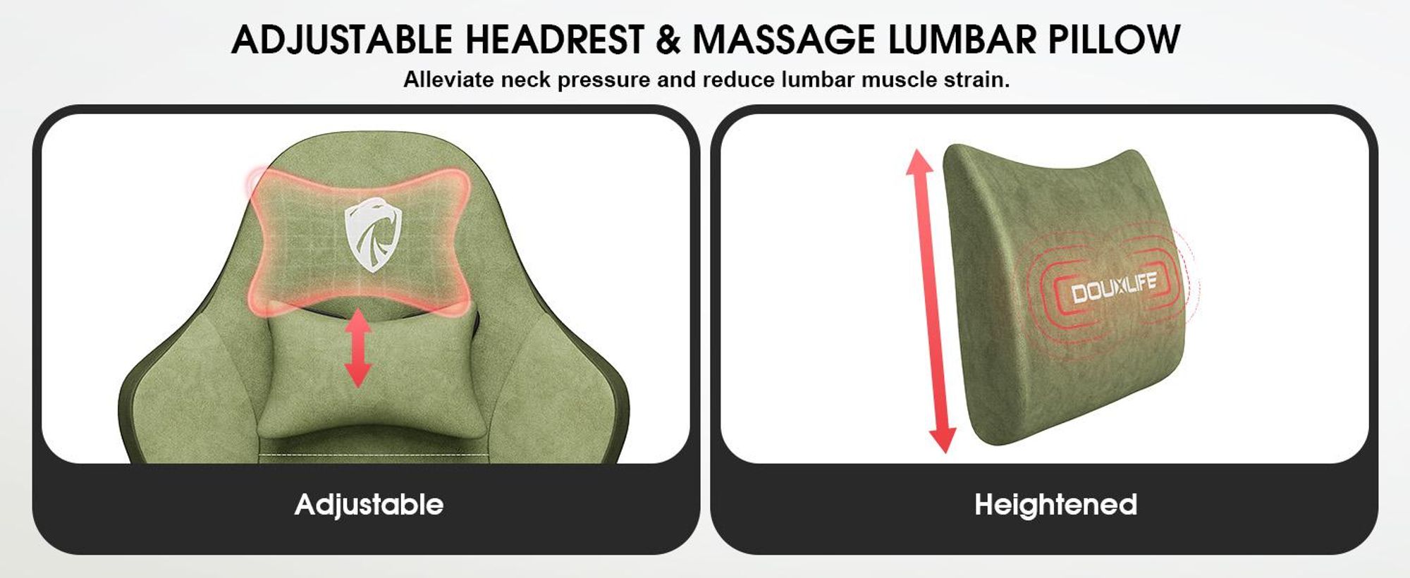 Douxlife GC-RC05 Gaming Stuhl Stoff Büro Computerstuhl mit Massage, Fußstütze & Lendenstütze, Ergonomisch, Metallbeine, 158kg Belastbar - Grün