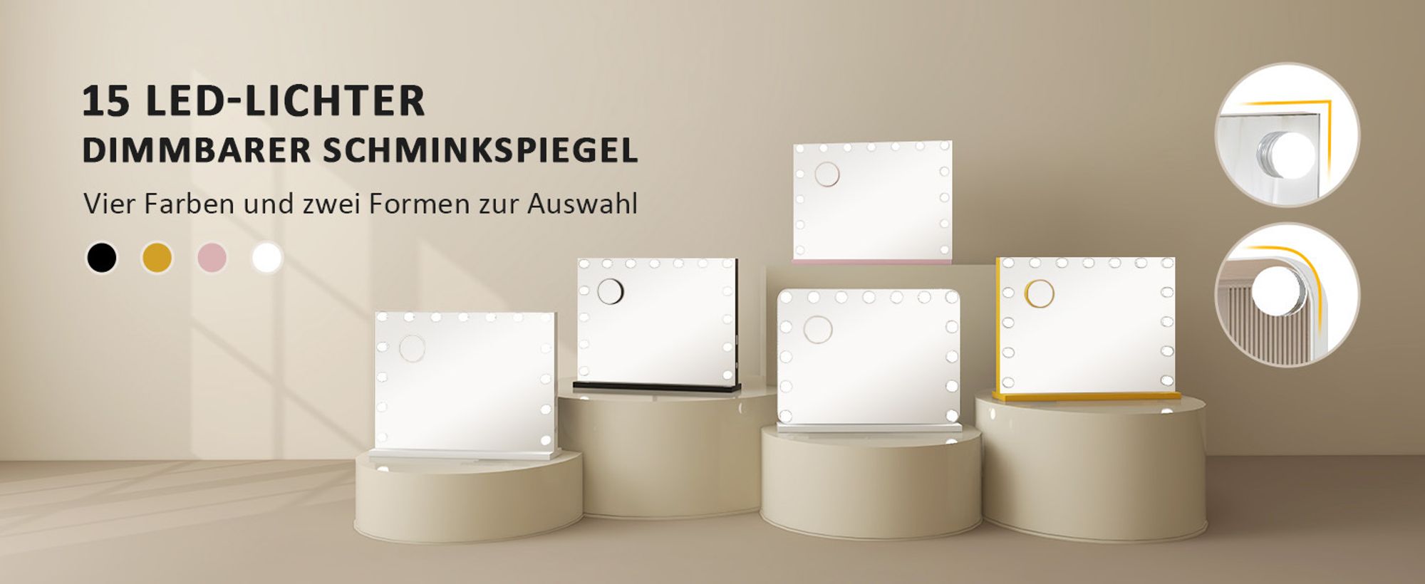 Puluomis Schminkspiegel Kosmetikspiegel 58x45cm Hollywood Spiegel Dimmbar mit 15 LED Beleuchtung 3 Farben, mit USB, 10x, Wandspiegel weiß, rund Ecke
