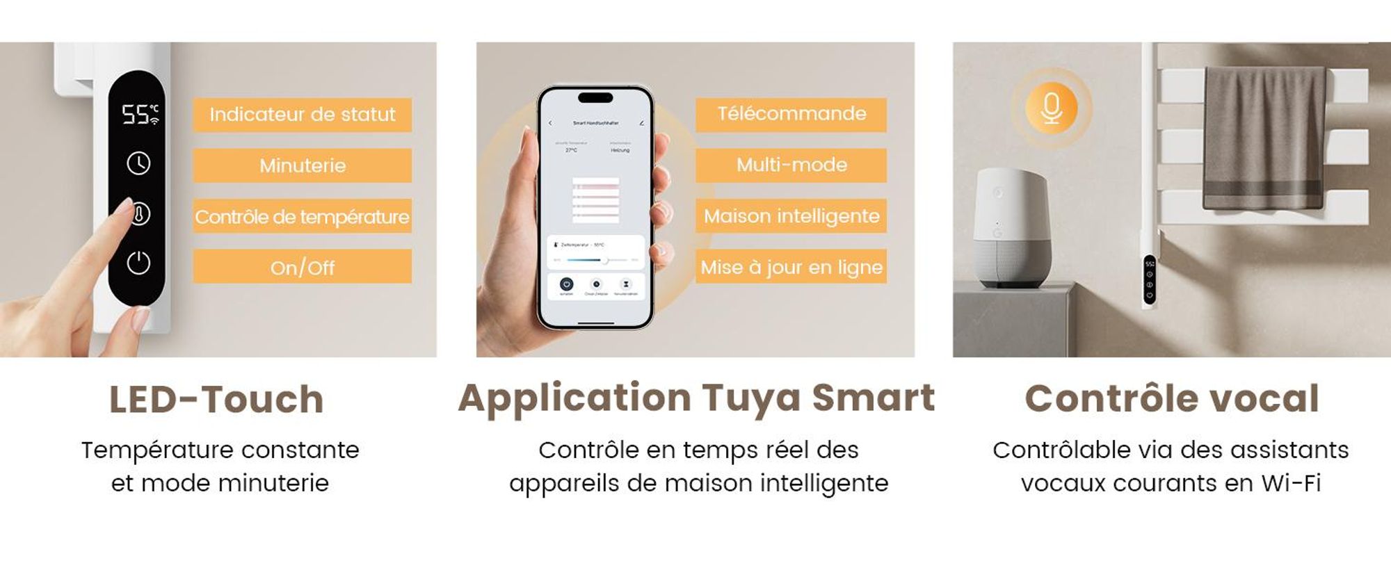 EMKE Sèche-serviettes électrique avec porte-serviettes pivotant et tablette, Thermostat WiFi,vocale, Minuterie, 76x45x14 cm, Blanc