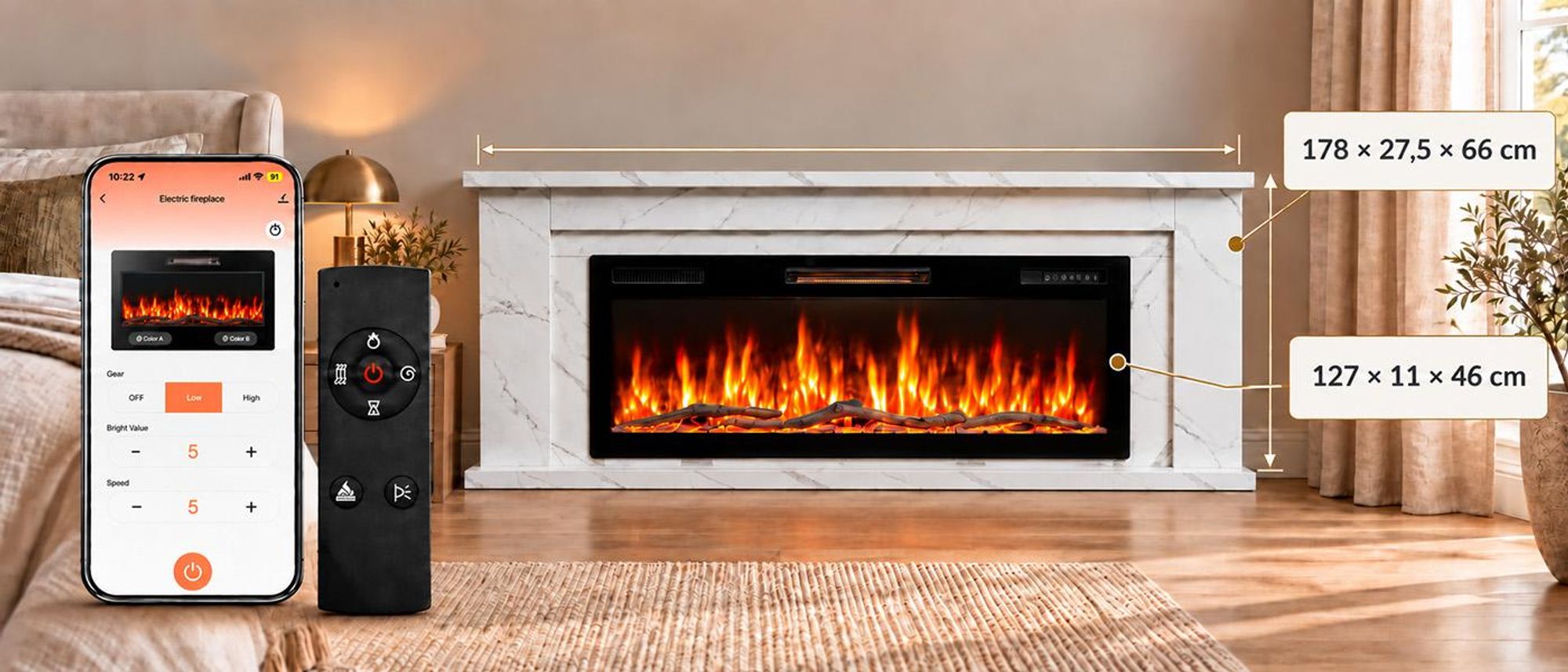 Farbenfrohe 3D-Flammen, flexibel einstellbare Atmosphäre