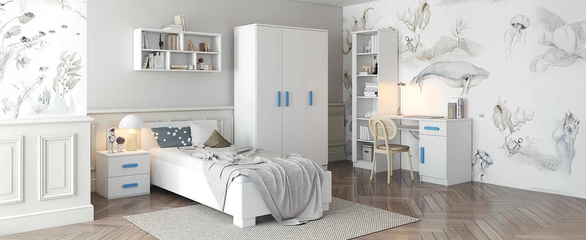 Drehtürenschrank, Kinderkleiderschrank 120 cm Weiß/Weiß, rosane Griffe JONAS I 19
