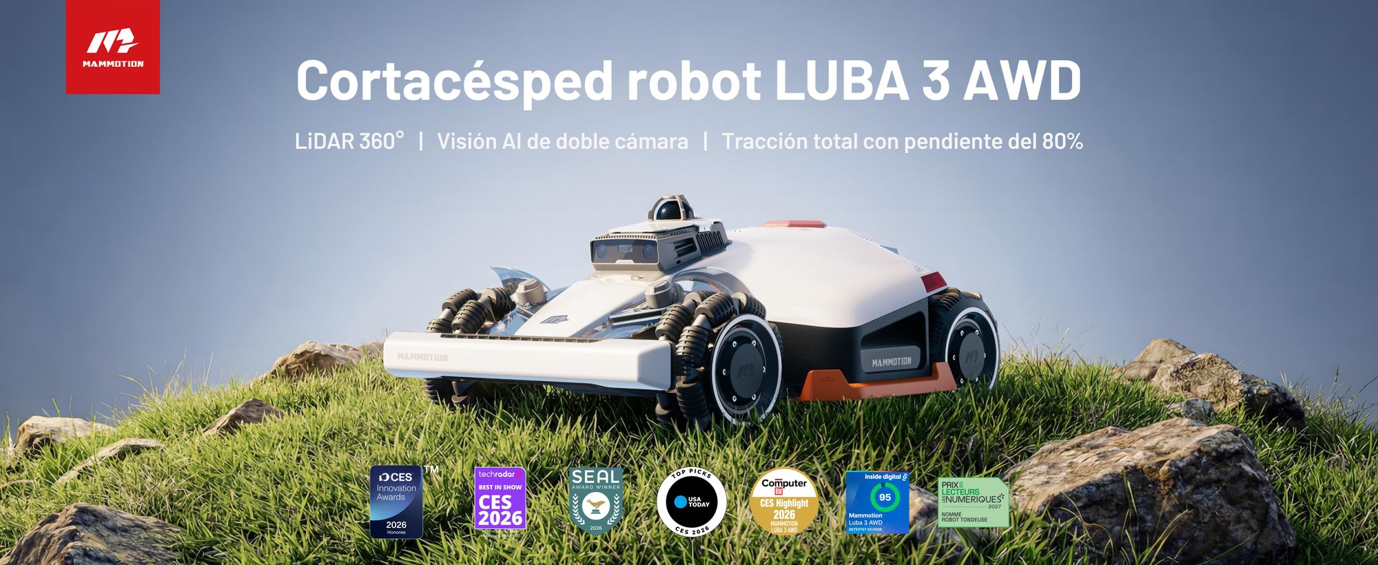 Cortacésped robótico Mammotion LUBA 3 AWD 1500 con soporte para lavado, para 1500m², tracción en las cuatro ruedas, pendiente 80%, mapeo-auto, 4G, APP
