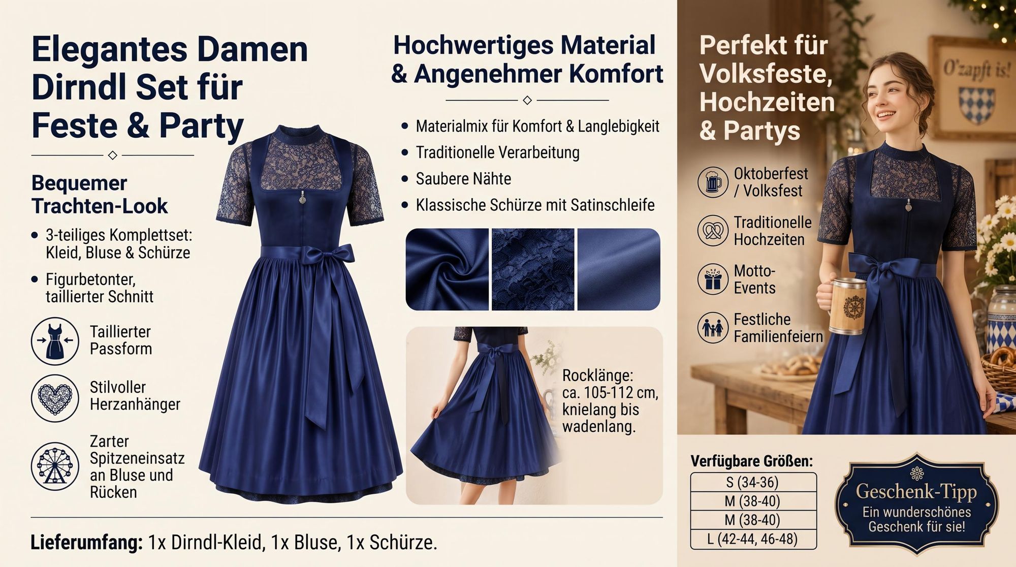 Dirndl Kleid Damen Lang, Trachtenkleid mit Schürze und Bluse, Outfit für Frauen, Bayerisches Kleid für Volksfest und Party-S