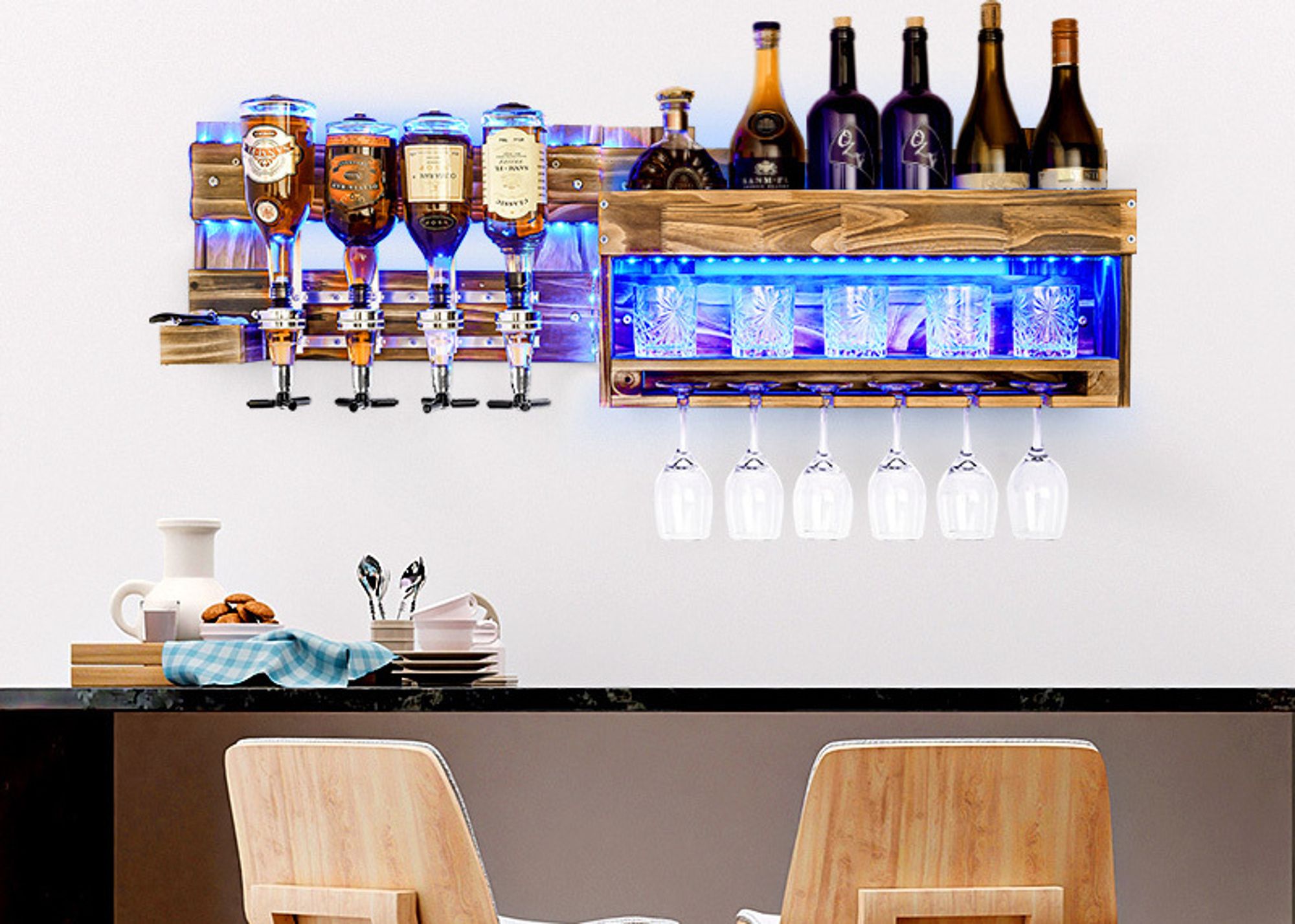Yorbay Weinregal mit LED-Licht Palette beflammt Holz, Wandbar mit 4 Getränkespender Wand Flaschenhalter Flaschenhalter, Vintage, Geschenk
