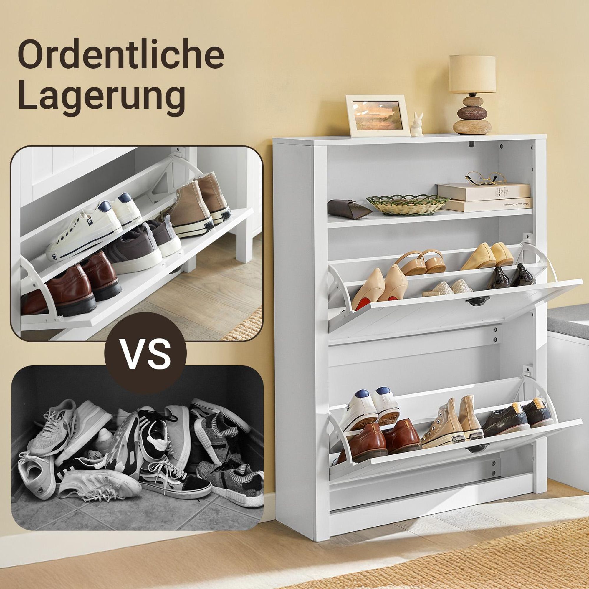 SoBuy schmaler Schuhkipper 24 cm tief mit 2 Klappen Schuhschrank mit 4 Ablageflächen & Zusatzfach platzsparende Schuhkommode für Flur, Eingang FSR87-W