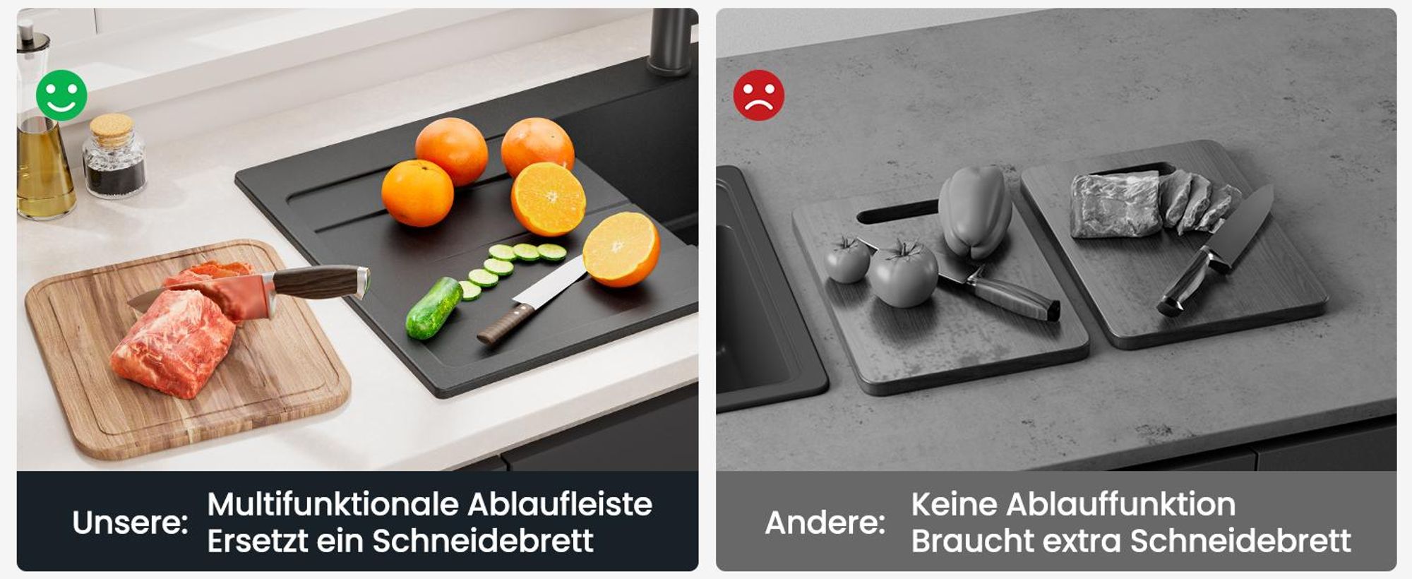 CECIPA Granitspüle & Küchenspüle 78 x 45 cm mit Abtropffläche Quarzkomposit Einbauspüle Schwarz Hitzebeständig Kratzfest mit Siphon Platzsparend