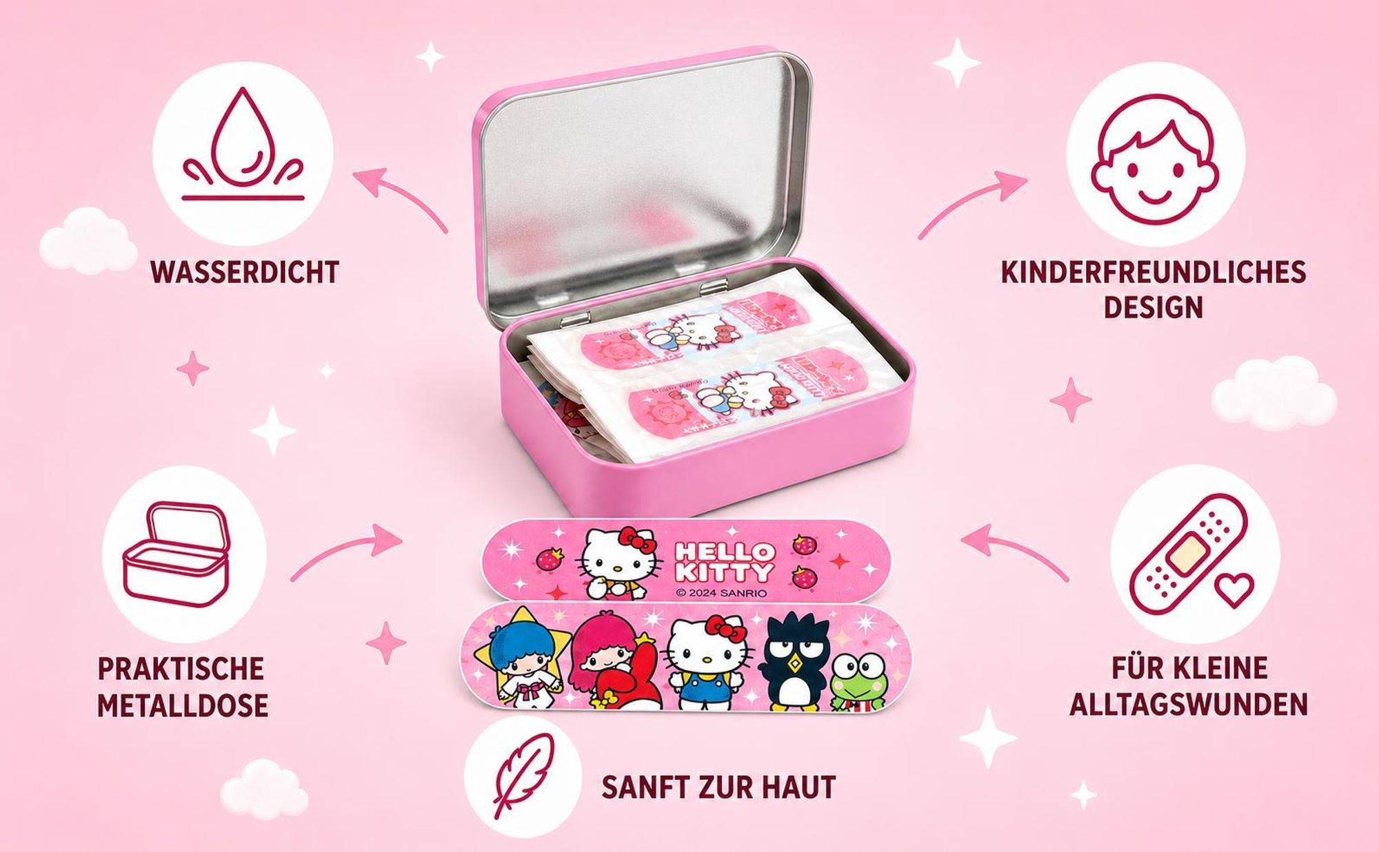 Hello Kitty Friends Kinderpflaster Lizensiertes Produkt - Metall-Box - 24 Pflaster - Schönes Design Pflaster Aufbewahrungsbox für Kinder - 1 Box