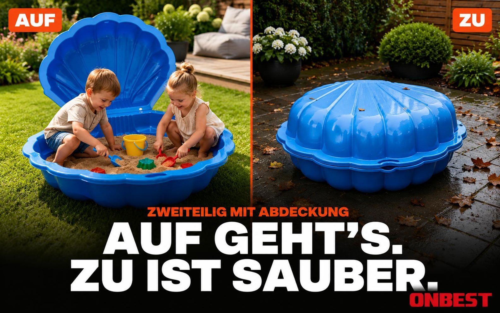 ONBEST Sandkasten 2in1 Sandmuschel mit Deckel | 100 kg | Kunststoff | Blau | ‎88 x 78 x 38 cm