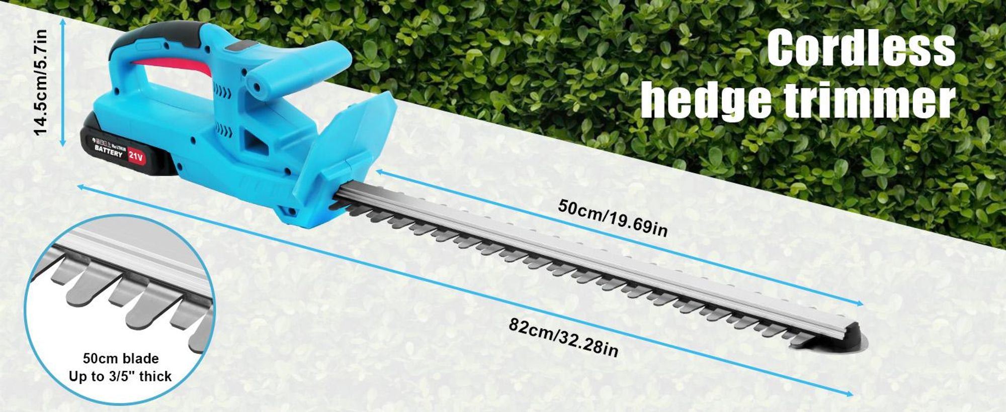 Akku Heckenschere, 21V Elektrische Heckenschere, Heckenschneider mit 2 Akkus & Ladegerät