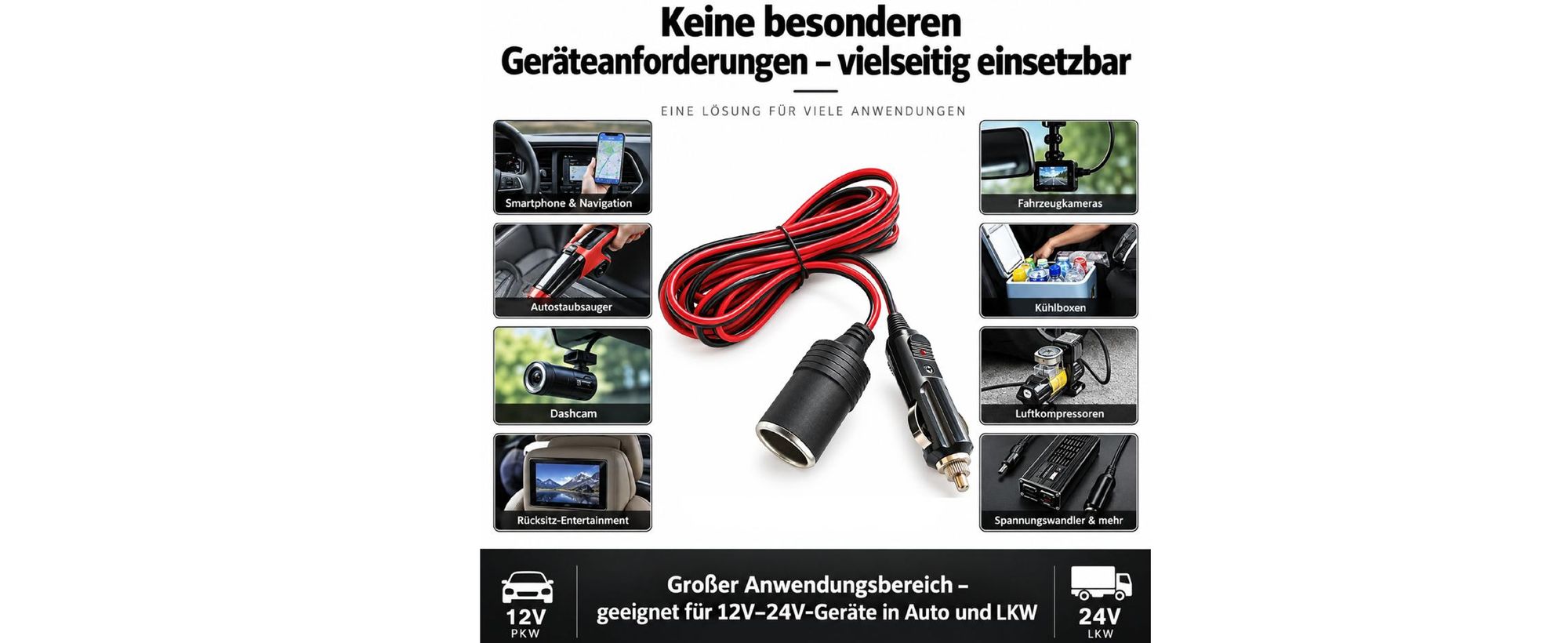 G67C KFZ-Verlängerungskabel 2 m 12/24 V Zigarettenanzünder Verlängerung 21 mm Steckdose mit LED-Anzeige und 15 A Sicherung für Auto LKW Wohnmobil Boot