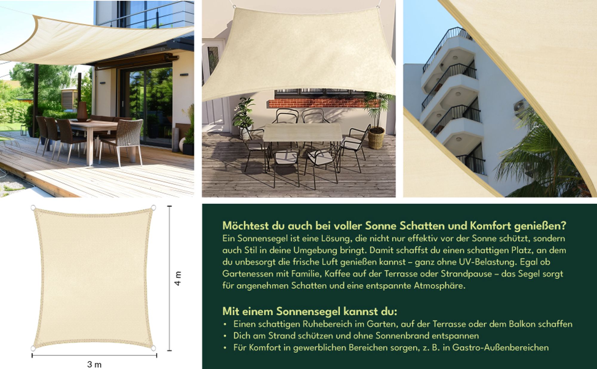 KRUMAD Sonnensegel Rechteckig 3x4 m Beige Sonnenschutz